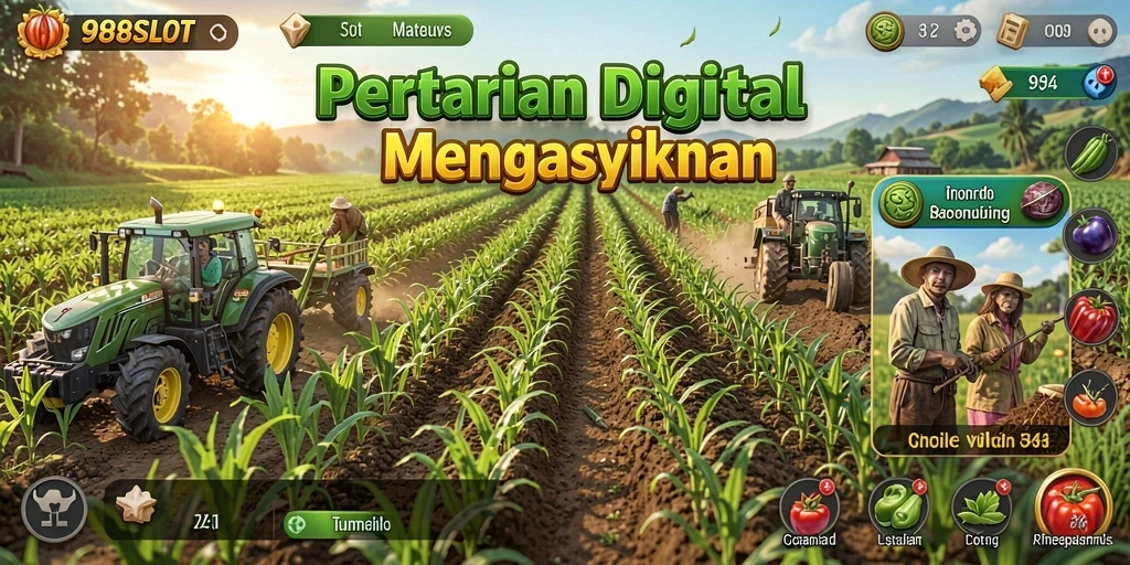 Tampilan gameplay <strong>988SLOT</strong> menampilkan ladang yang subur dan hewan ternak yang menggemaskan.