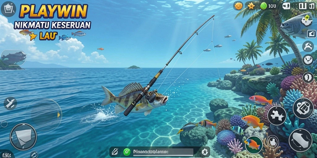 Tampilan gameplay <strong>PLAYWIN</strong> yang menampilkan aksi memancing seru di laut.